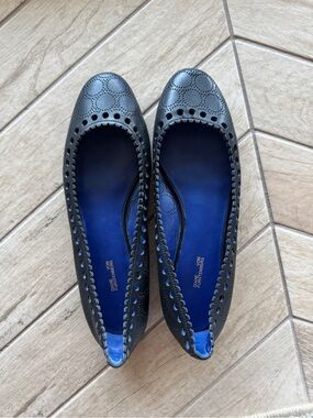 Diane von Furstenberg Black Perforated Ballet Flats with Blue Insole